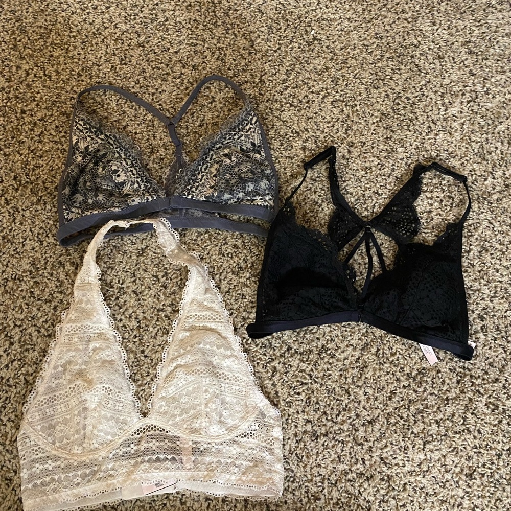 Victoria's Secret Lace Bralette Trio - Black, Gray, and Cream Bundle M 2016